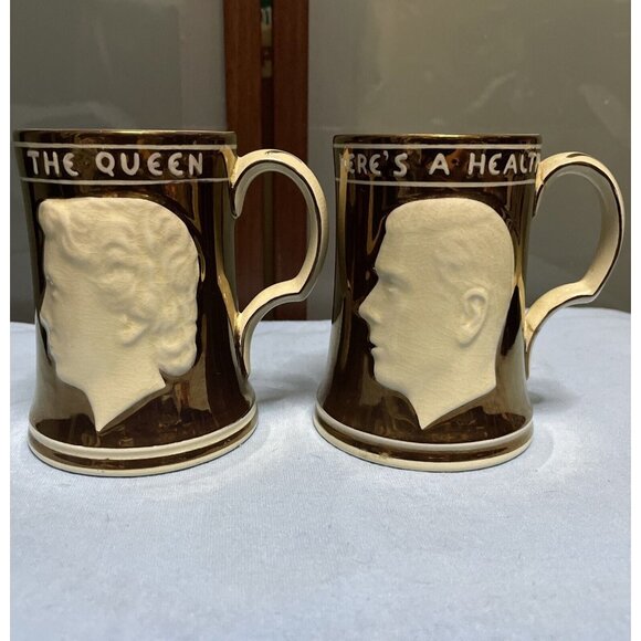 RIDGWAYS CORONATION 1953 Queen & Duke of England Ceramic Stein Mug Cup 2Pc Set